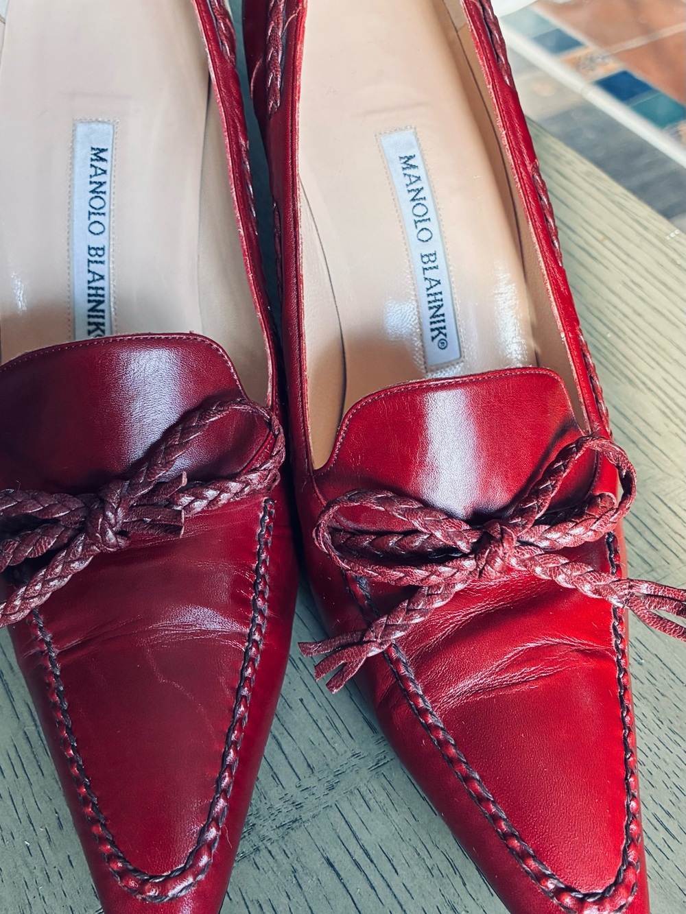 Manolo Blahnik Red Braided Bow Leather Loafers